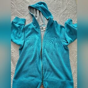 Teal Blue Hooded Zip-Up Sweater, 3/4 sleeves